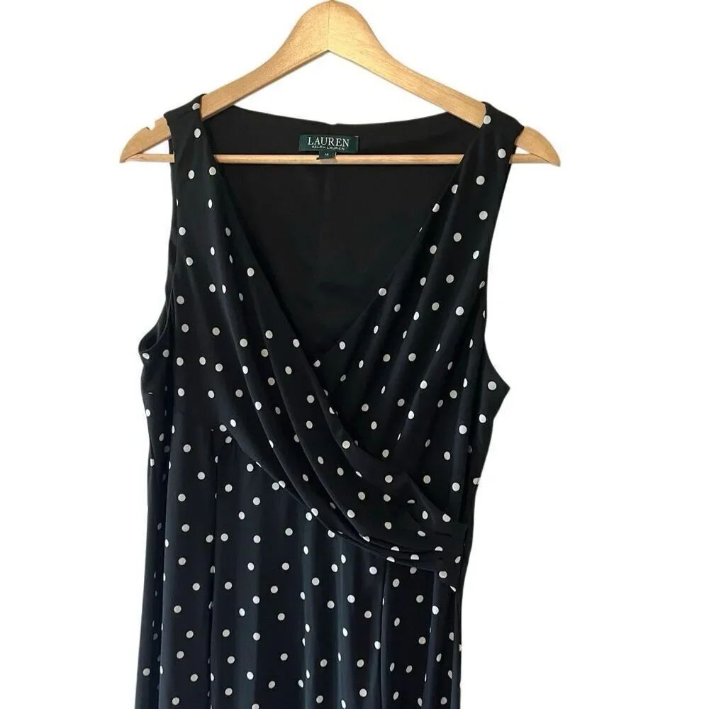 Lauren Ralph Lauren Black and White Polka dot faux wrap v neck dress size 14